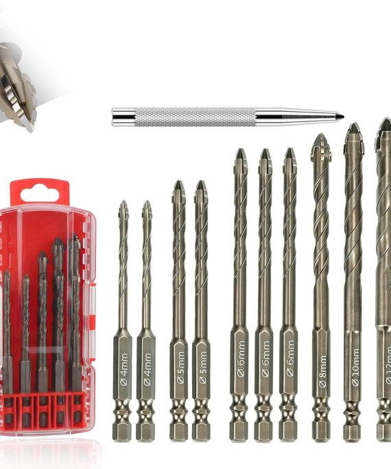 10PCS Four Blade Serrated Eccentric Drill Bits with Center Punch (5/32"-1/2") | Masonry Drill Bit Set | Concrete Drill Bits for Concrete/Tile/Brick/Glass/Wood (Bronzy)